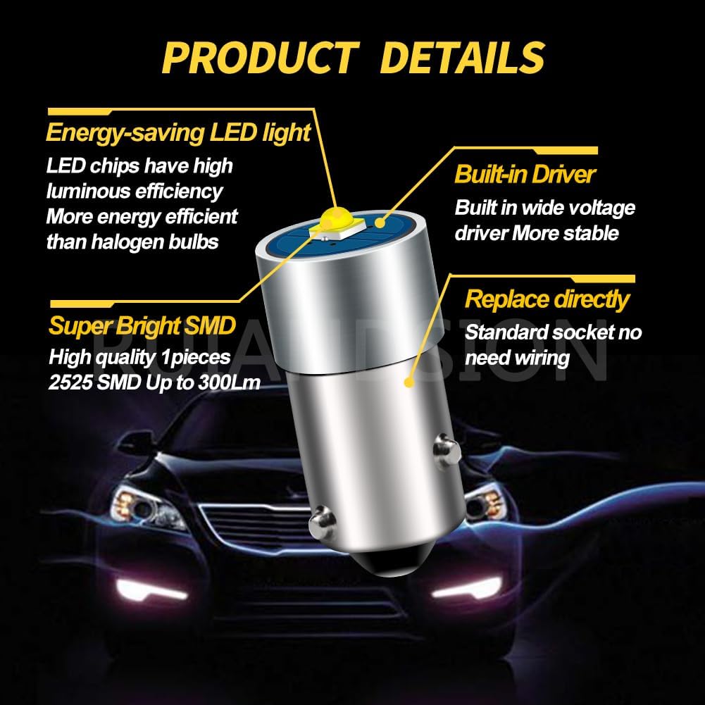 Ruiandsion BAW9S LED Bulb 6-30V 6V 12V 24V White Indicator Light Interior Dome Map Lights for Car Motorcycle Trucks (Pack of 10)