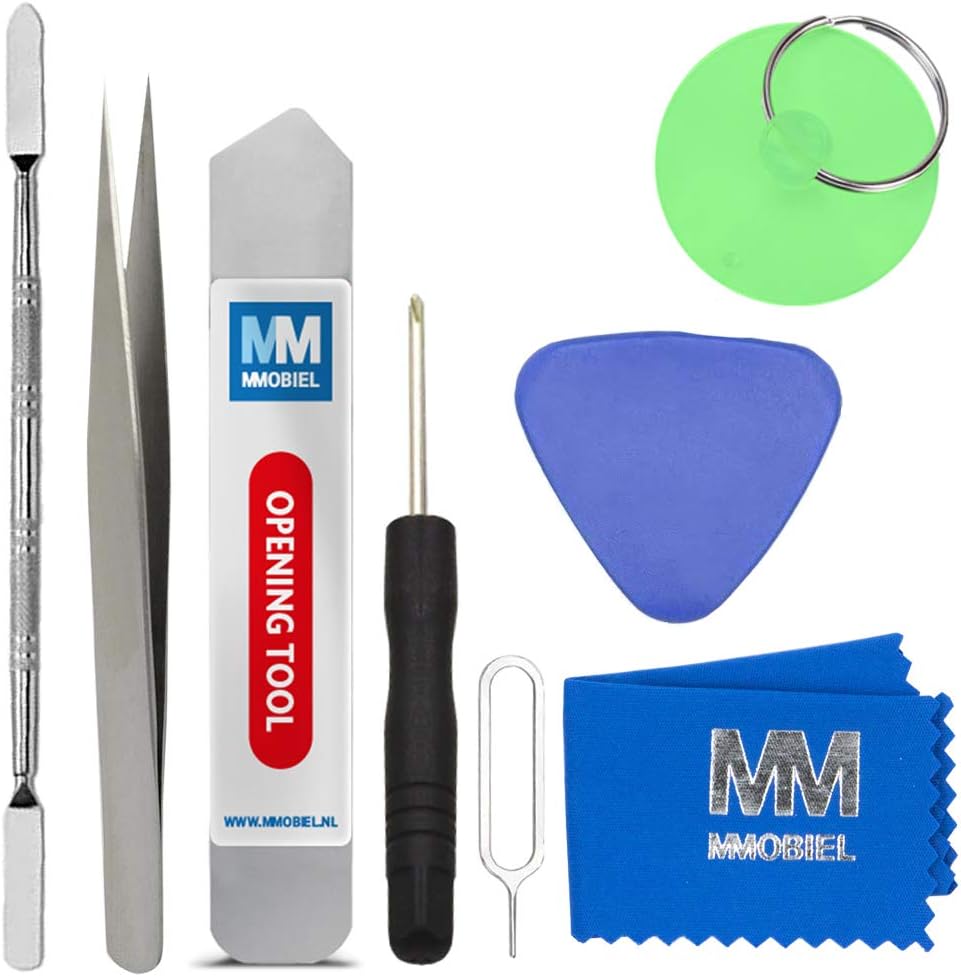 MMOBIEL complete tool kit including tweezers, microfiber cloth, suction cup, spudgers, pick, screwdriver, and SIM ejector tool.