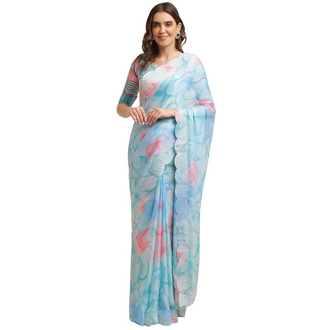 Rekha Maniyar Women’s shibori tie and dye printed chiffon sari with diamond work scalloping and digital printed blouse (MANNAT 1-6) – Blue