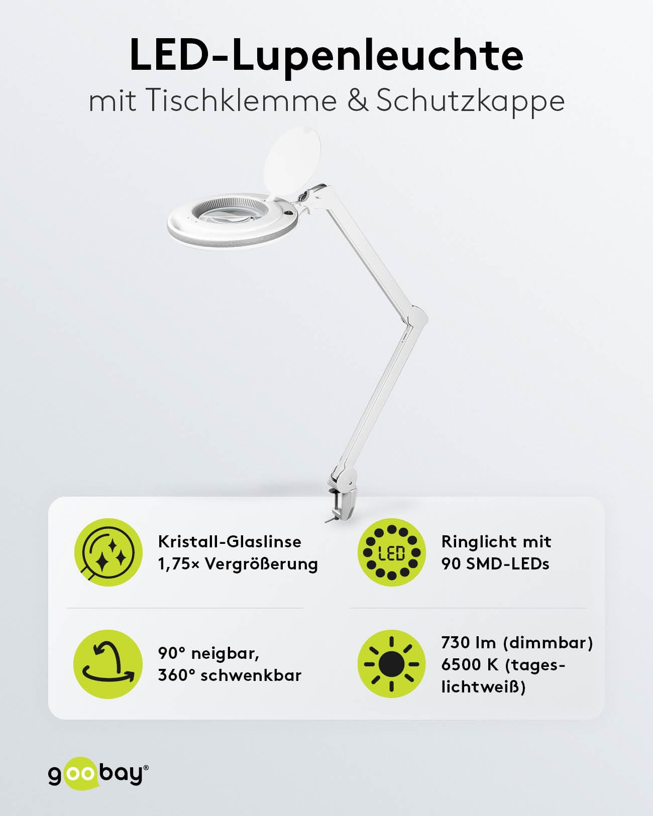 goobay 60362 LED Lupenleuchte mit Klemme / 9 W Leistungsaufnahme / 127 mm Kristall-Glaslinse/Farbtemperatur 6400 K / 1.75x Vergrößerung/Lichtstrom 83-730 Lumen/Weiß