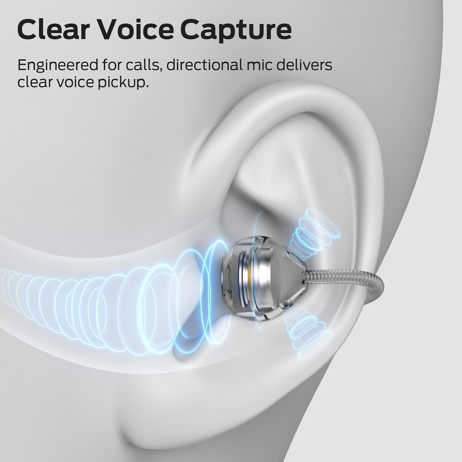 Diagram showing sound waves around an earbud, representing clear voice capture technology