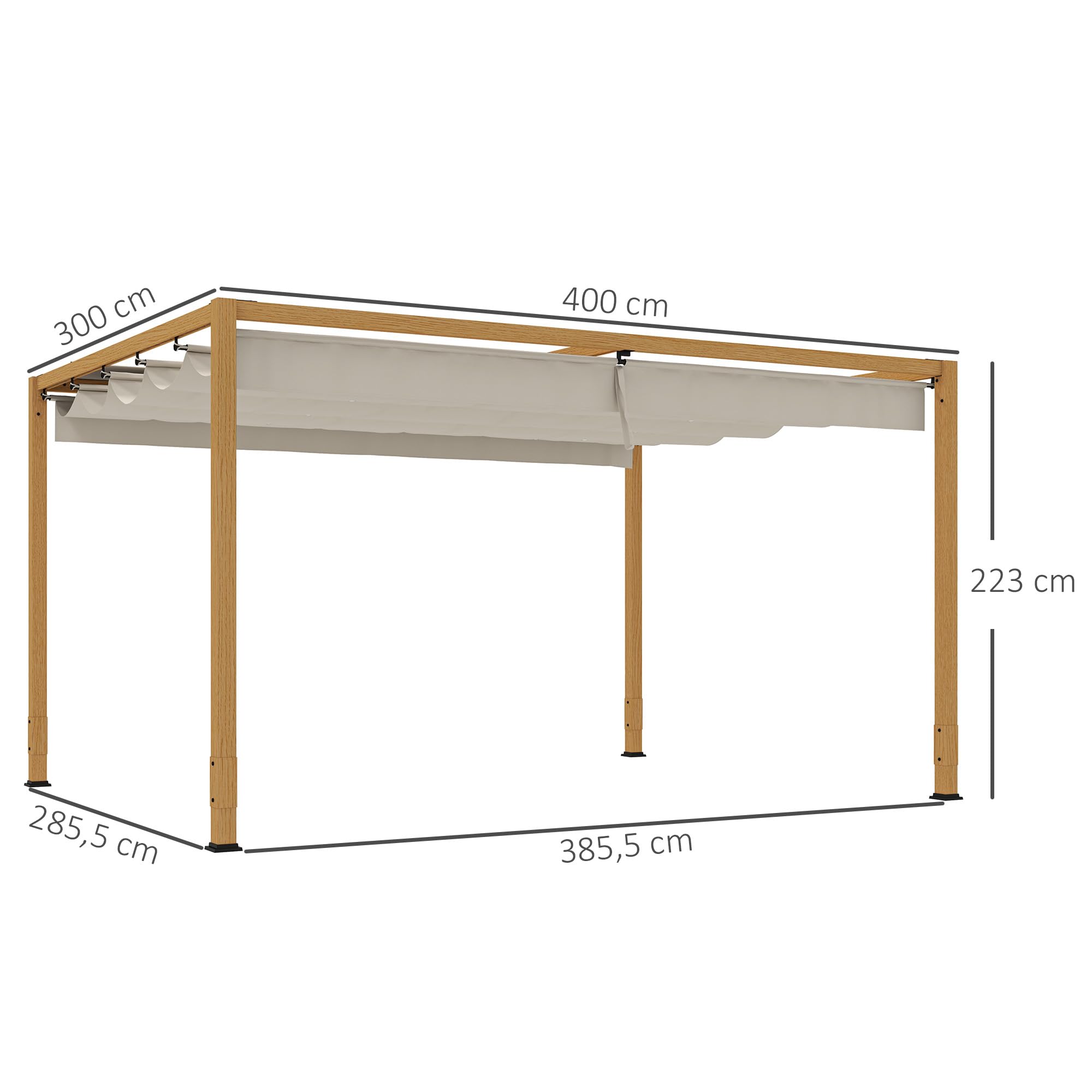 Outsunny Pergola Aluminium pergola Jardin extérieur 4 x 3 m avec Toit rétractable, système de Drainage, tonnelle de Jardin abri Soleil pour terrasse Patio véranda, Bois Naturel