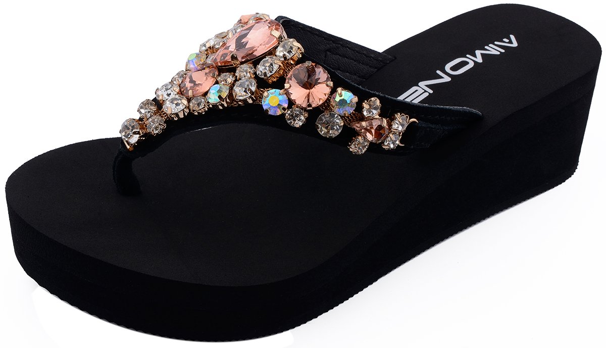 AIMONEAurelie Flip Flops for Women Black Platform Wedge Peach Bling Rhinestone Sandals