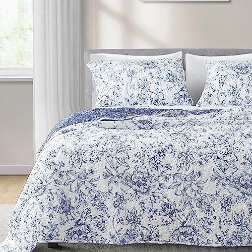 Shalala New York Floral Quilt Queen Size,Reversible Quilt Bedding Set For Queen Bed,Lightweight Blue White Bed Cover,3Pcs Soft Printed Bedspread And Coverlet For All Season(Full/Queen,Blue/White) #TOP4