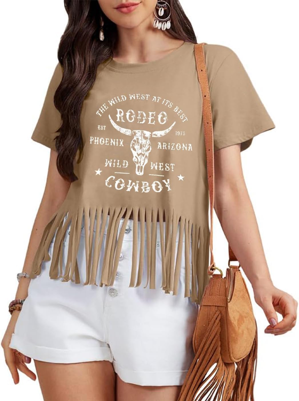 Vintage cowgirl fringe short sleeve rodeo tee top for women.