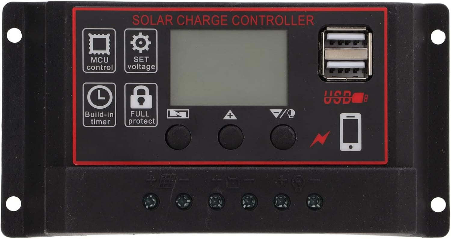 VGEBY Solar Charge Controller, LCD Display Controller Panel Battery Intelligent Regulator with Dual USB Port 12V24V PWM Auto Paremeter