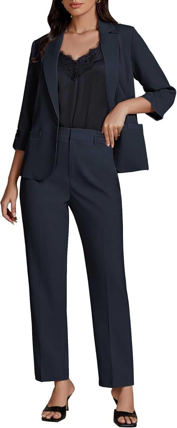 luvamia Pant Suits for Women Dressy 2 Piece Business Casual Outfits 3/4 Sleeve Blazer Straight Leg Pant Sets Office Work