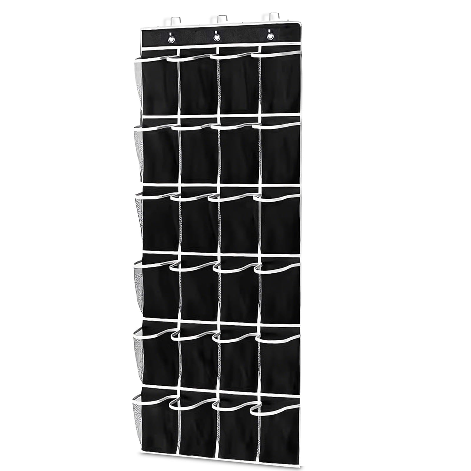 Suacculent Over Door Shoe Organiser, 24 Pocket Hanging Storage Rack with 3 Hooks, Large Mesh Pockets for Shoes, Toys, Accessories & Scarves, Wardrobe Nursery, Black White