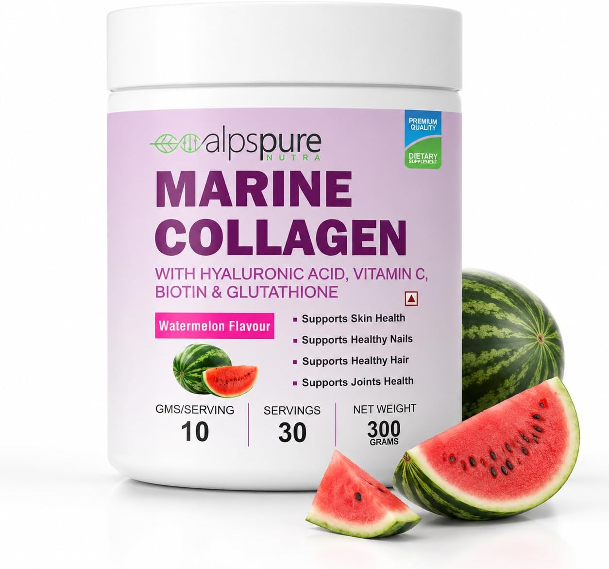 Nutra Marine Collagen/Fish Collagen Powder (300 G) with Hyaluronic acid, Vitamin C, Biotin & Glutathione | Supports Healthy Skin, Hair, Nails & Joints | Watermelon Flavour | For Men & Women