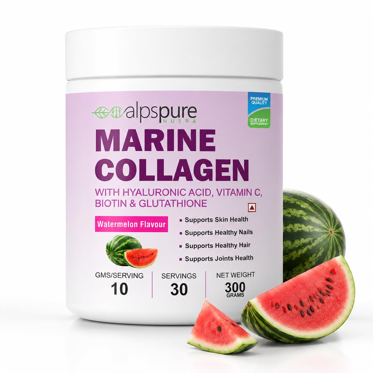 Alpspure Nutra Marine Collagen/Fish Collagen Powder (300 G) with Hyaluronic acid, Vitamin C, Biotin & Glutathione | Supports Healthy Skin, Hair, Nails & Joints | Watermelon Flavour | For Men & Women-image-9