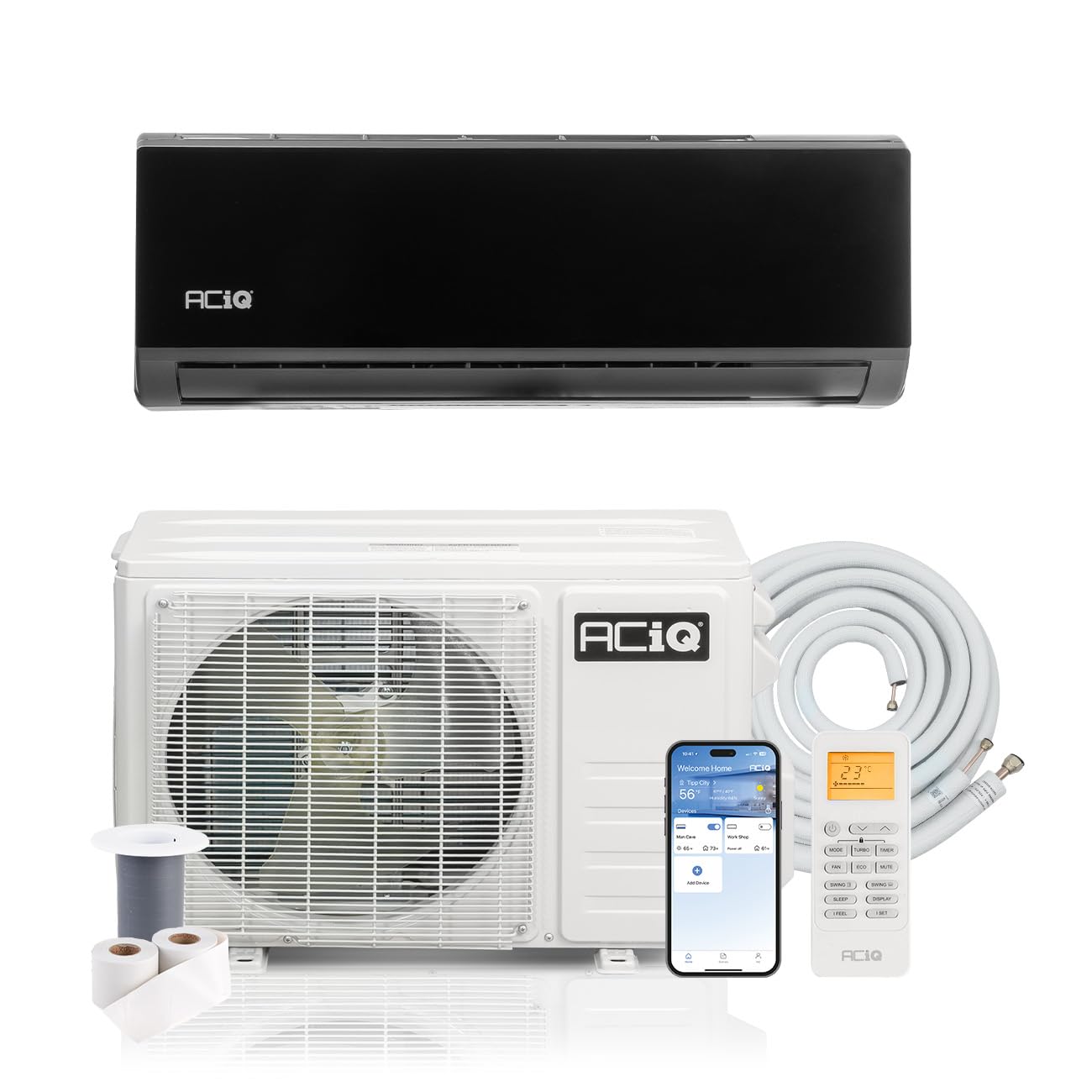 Photo 1 of ACiQ 20 SEER2 Essentials 9000 BTU Single Zone Mini Split Heat Pump System with 16ft Line Set - R32 | .75 Tons, AC/Heating Unit, WiFi Control, Black Air Handler, 115V
