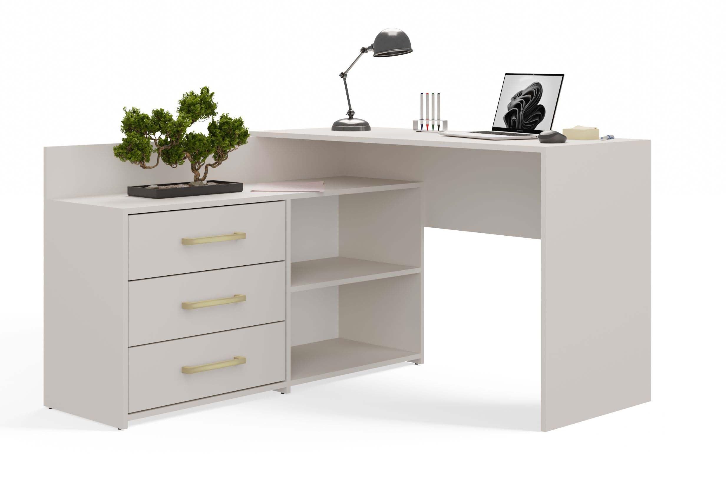 CDF Biurko Narożne Komputerowe Z 3 Szufladami Kaszmir 120x50x76 cm Do Domowego Biura Pokoju Młodzieżowego Home Office Nowoczesny Laminowany Solidny Wytrzymały Design Skandynawski Ergonomiczny