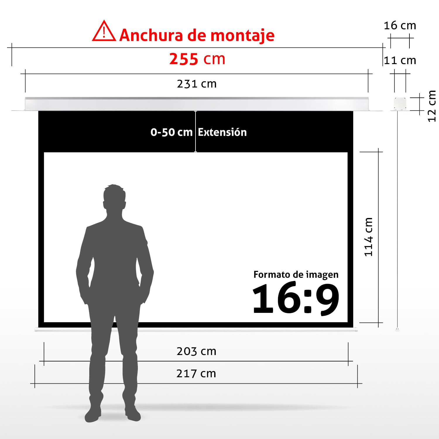 ESMART Expert CSX Pantalla empotrable, Ancho Total 255 cm, Tela: Blanca | Área de proyección 203 × 114 cm, formato 16:9, tela blanca para cine en casa y presentaciones, mando a distancia