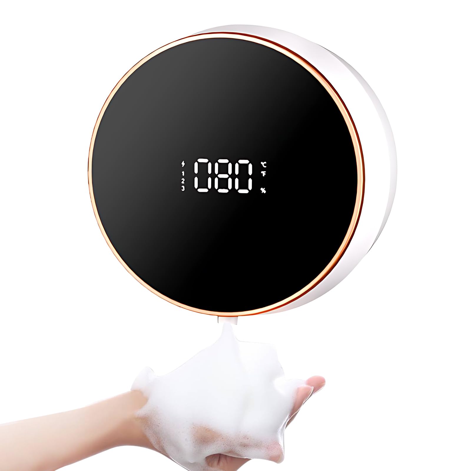 Kavolet Dispensador automático de jabón de espuma para montaje en pared, sin contacto, sin taladrar, 300 ml, dispensador de jabón de manos inteligente recargable con pantalla LCD, 3 niveles ajustables