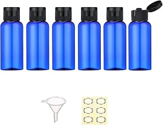 6pcs 50ml Plastic Travel Bottles with Flip Lid, Empty Clip Bottles, Refillable Travel Container with 1 Funnel and 6 Labels, TSA Approved for Liquids, Lotion, Toiletries, Cosmetics (Blue)