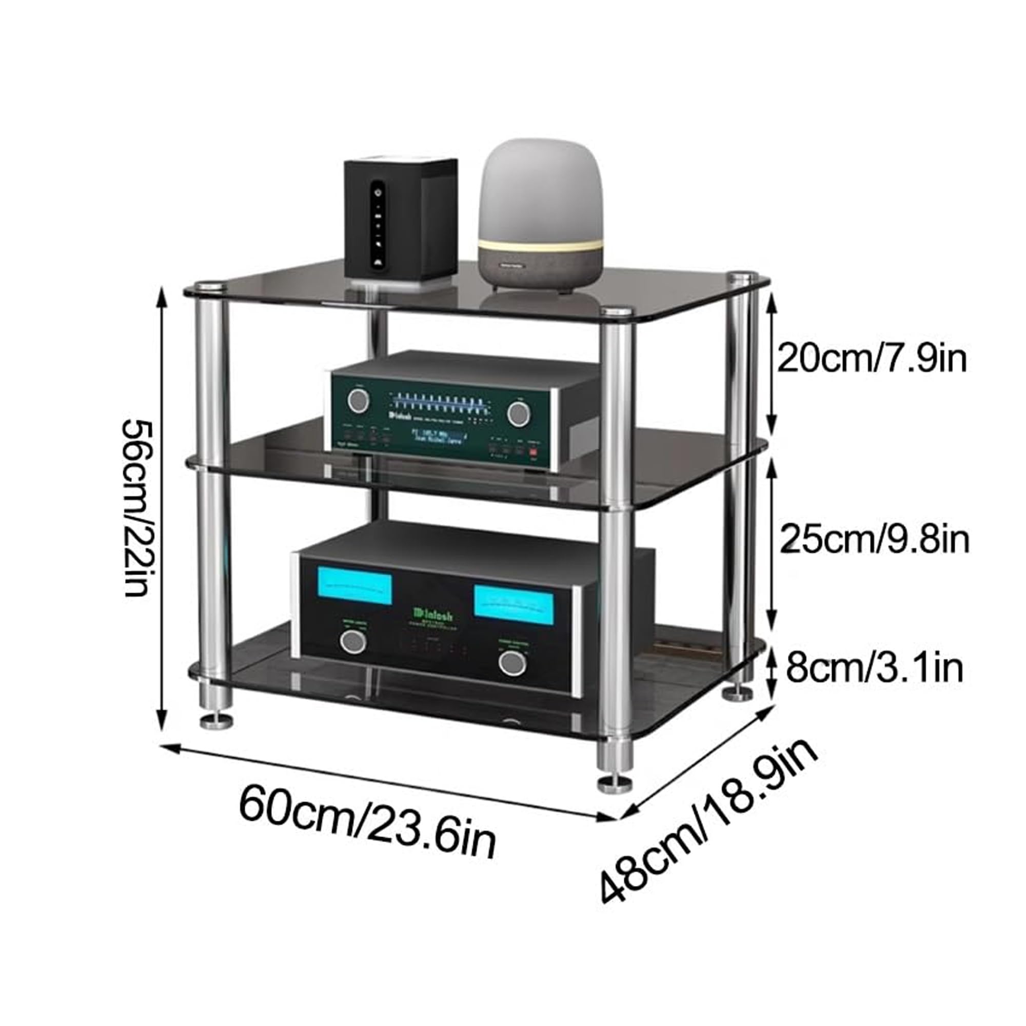 2 Tier Stereo Rack With Tempered Glass Shelves - AV Media Stand For Receivers, Turntables, Game Consoles (Clear)