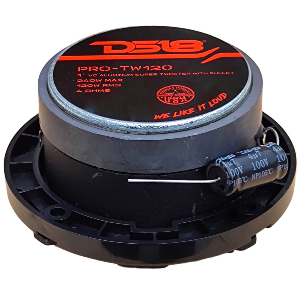 2 DS18 PRO-TW120 Super tweeters Aluminio Gris 120 vatios rms y 240 vatios máx de 7,90 cm de diámetro impedancia 4 ohmios sensibilidad 103 db, por par + 2 capacitores y 3 Stickers Gratis