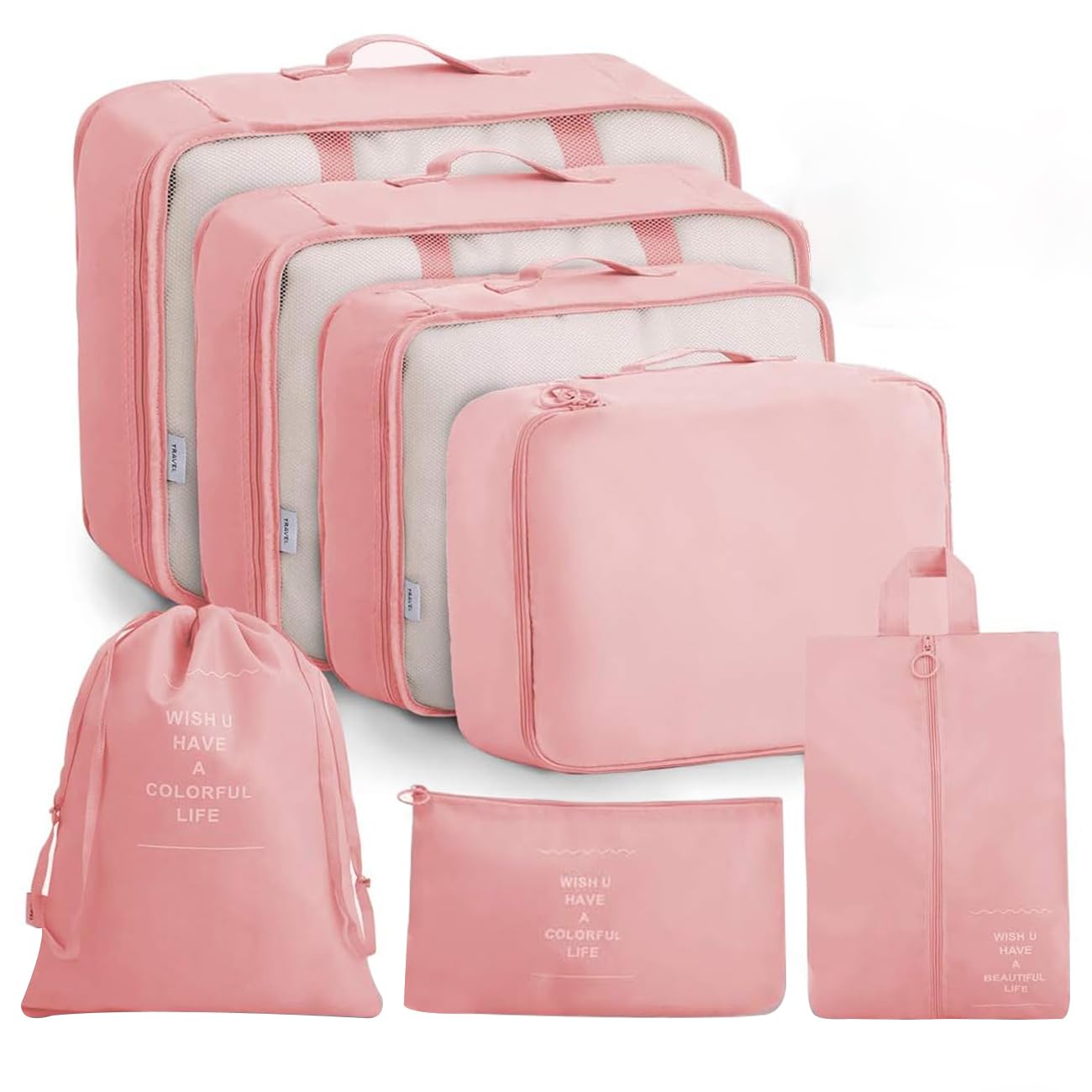 Lyrovo [UPDATED] 7pcs Travel Packing Cubes for clothes Laundry Toiletry Cosmetics Luggage Makeup Pouch Accessories Organizer Bag (Pink)