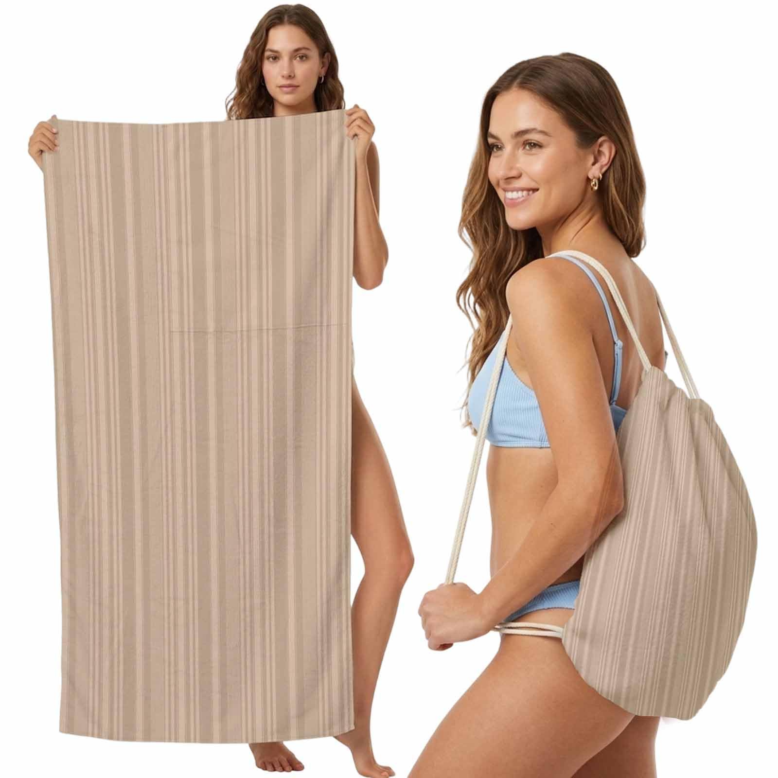 Beach Towel Bag 2 in 1 Beige Pinstripes Bath Pool Towels Backpack Bohemian Lines Vertical Stripes Absorbent Beach Towel Soft Quick Dry Lightweight Packable Towels Drawstring Bag for Travel Sports Yoga
