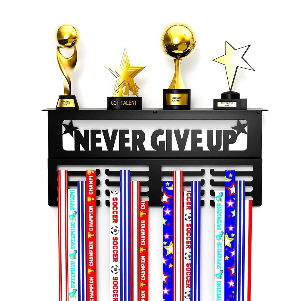 CTRLZS Never Give Up Medal Hanger Display with Shelf - Easy Install Carbon Steel Trophy and Medal Display Shelf,B Easy to Use