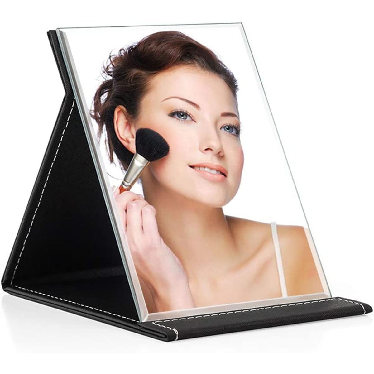 VELINEX® Portable Foldable Makeup Mirror with Leather Cover & Stand – Compact Frameless Vanity Mirror for Travel, Table & Dressing Use – Rectangular Design, Black (Pack of 1)