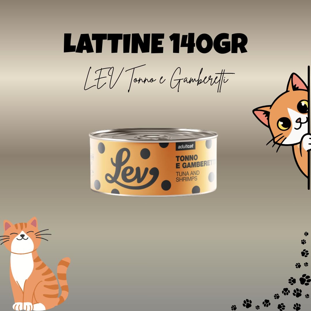 LEV Gatto Lattine per Gatti, lattine complementari per gatti adulti di tutte le taglie e razze, N. LEV TONNO E GAMBERETTI 140 GR, 12 lattine da 140 grammi, 12x140gr.