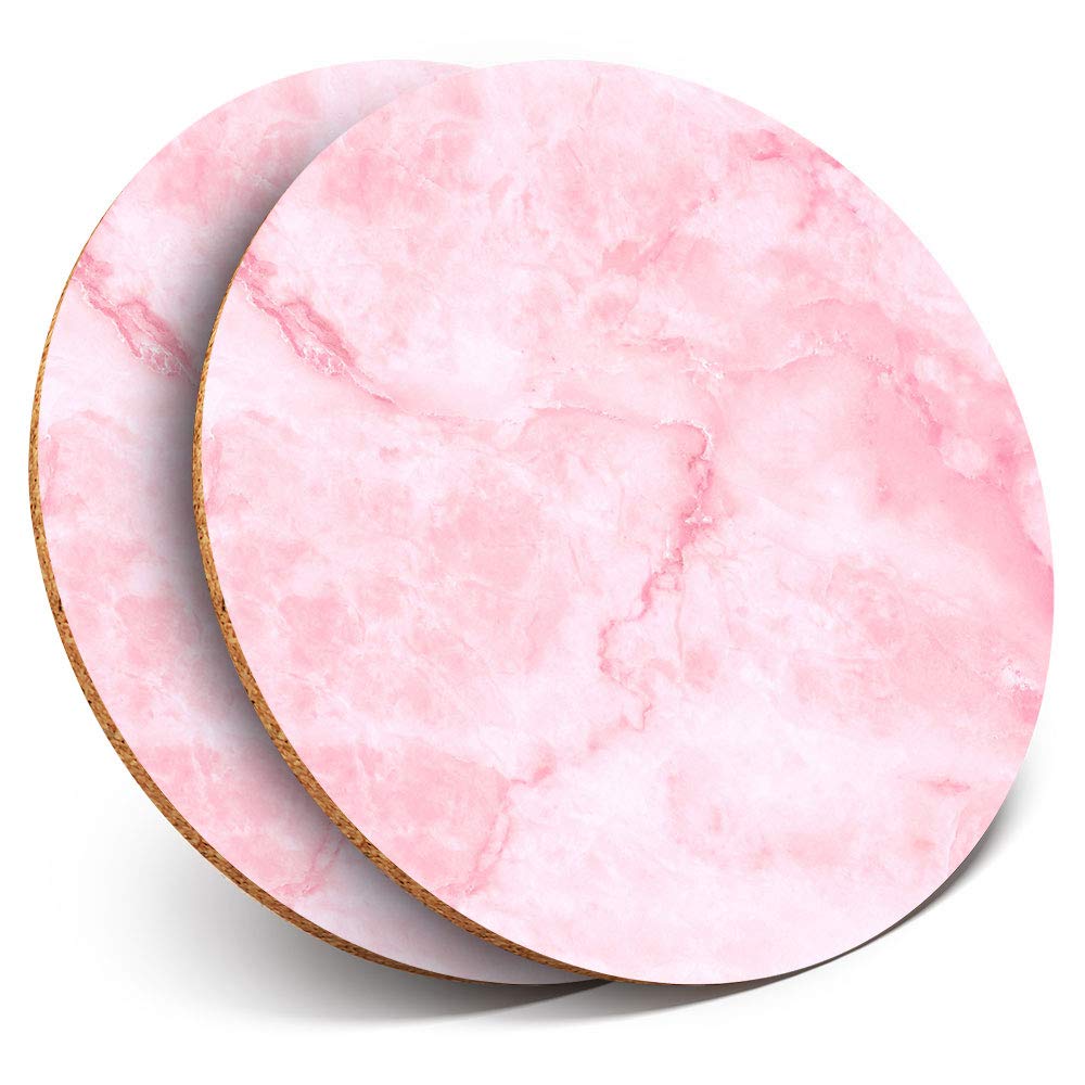 2 x Round Coasters - Pink Marble Effect Stone Agate Art - Cork Backed Home Kitchen Accessory Tea Coffee Mug Mat #24017