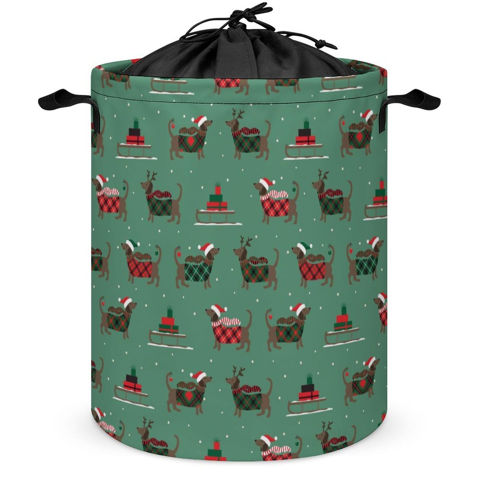 Wlntrophic Drawstring Laundry Hamper, Christmas Dachshund Dog Laundry Basket, Washing Basket with Handle