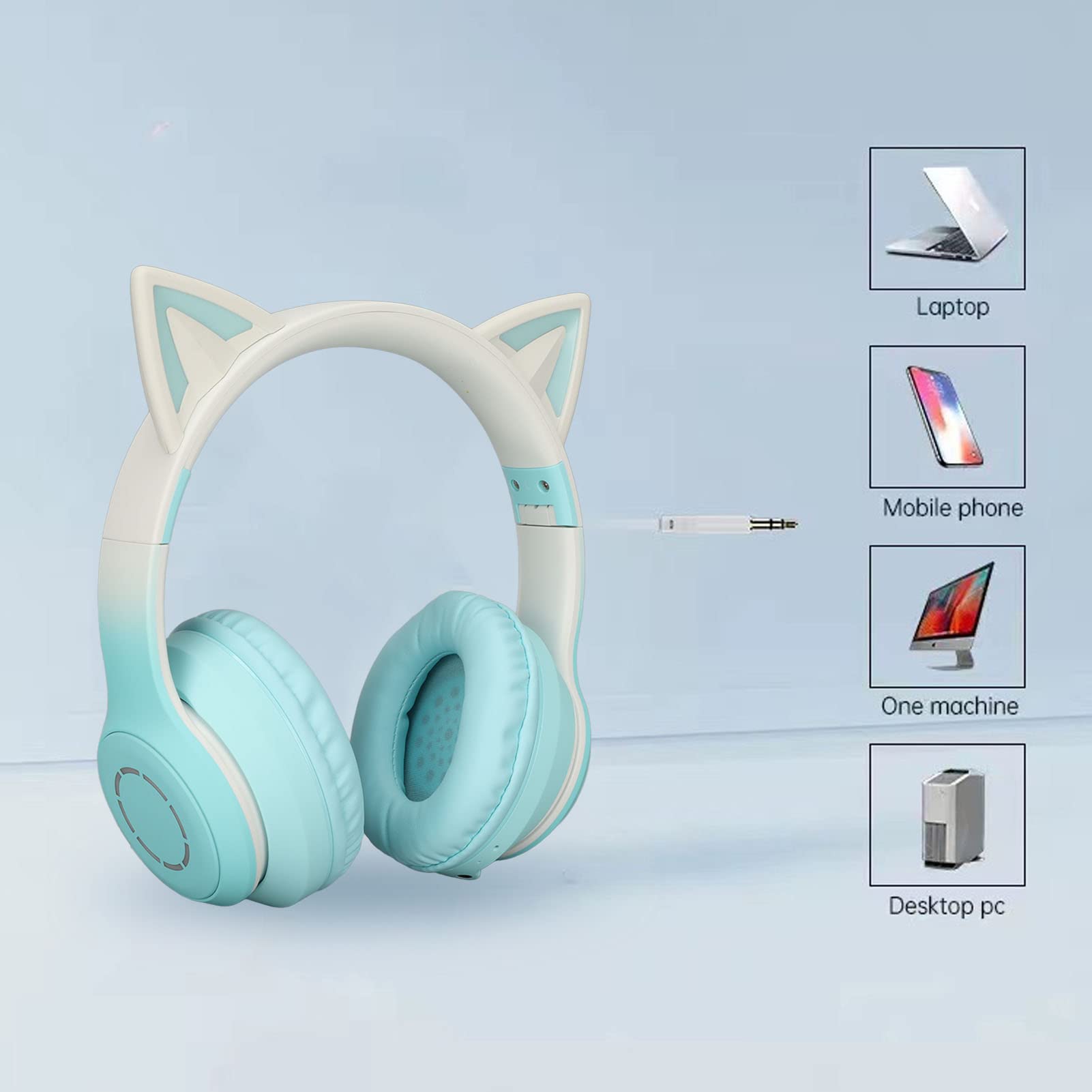 Casque de Jeu Bluetooth Cat Ear Casque Pliable sans Fil avec Lumière LED (Vert)