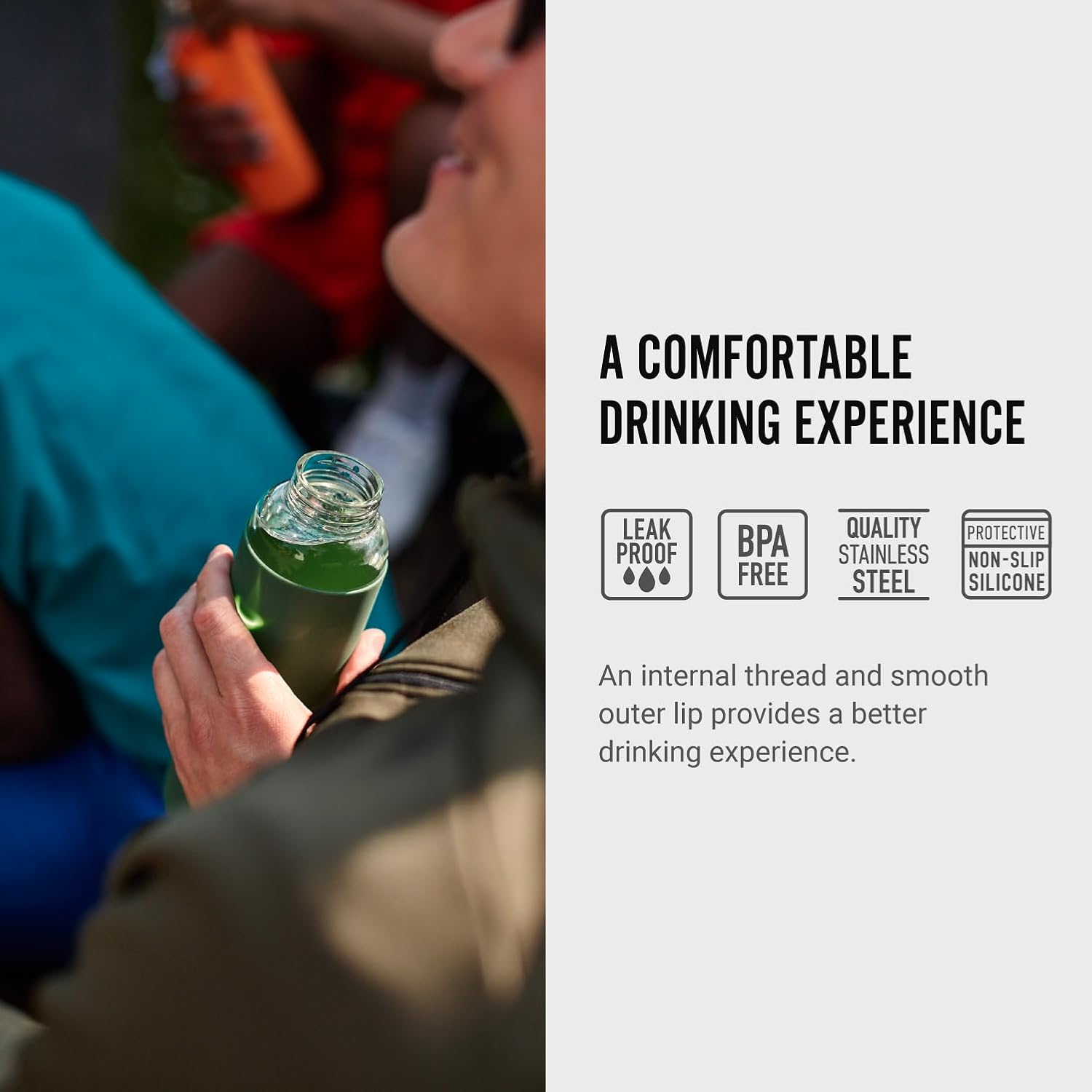 BLACK + BLUM Travel Glass Water Bottle | Lightweight, Leak Proof Flask w/ Protective Sleeve & Stainless Steel Lid | Hot or Cold Drinks for Travel, Office & School for All Ages | Olive, 20 oz / 600 ml - Image 2