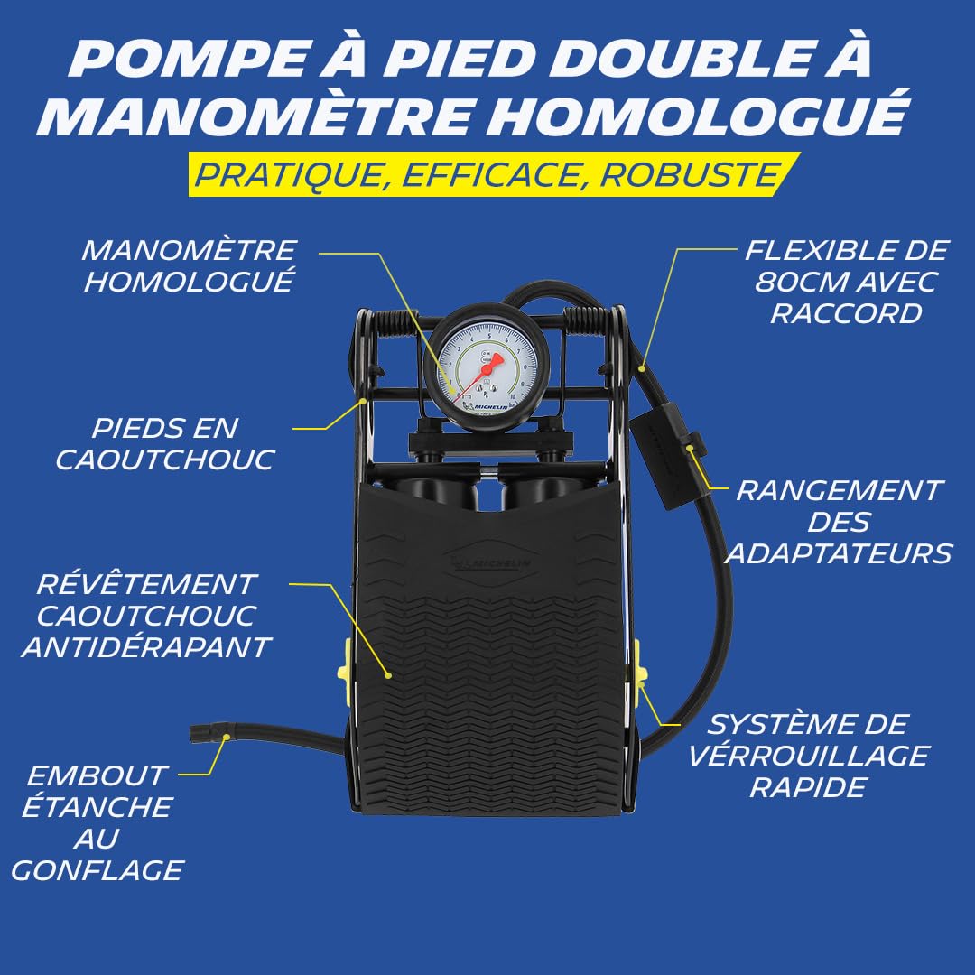 MICHELIN 009505 Pompe à Pied Double Piston avec Manomètre Homologué, 7 Bars, Flexible 80 cm – Gonfleur Vélo, Moto, Auto, Ballon – Haute Pression, Solide, Facile à Utiliser