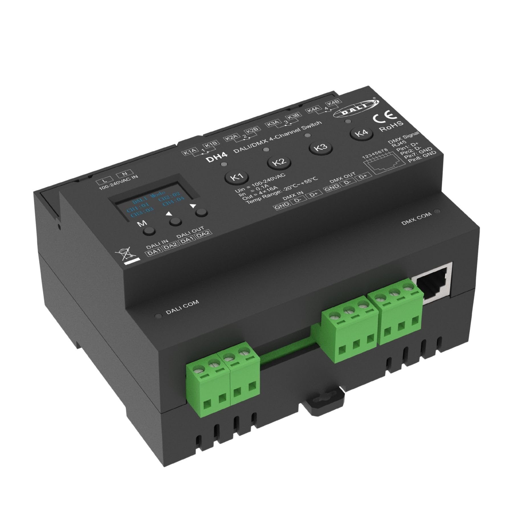 Przełącznik przekaźnika DALI DMX512, 4-kanałowy z czystym kontaktem 16 A, wyświetlacz OLED, zajmuje 6 modułów szyny szynowej DIN, DMX RDM, włączanie do świateł i ładunków 220 V, maks. 16 A