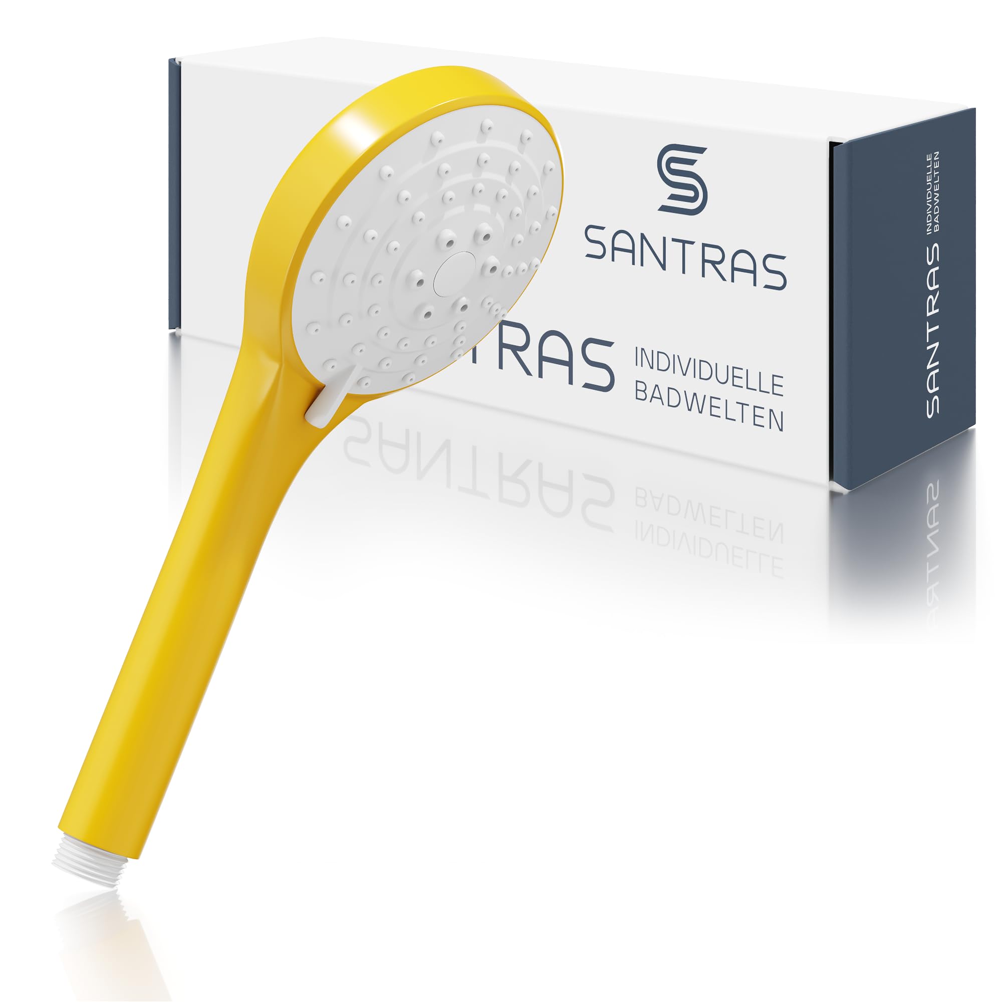 SANTRAS® Alcachofa de Ducha Amarillo (RAL 1004) 3 Funciones – cabezal ducha con ahorro de agua y limitador de caudal | ducha de mano universal para baño y bañera