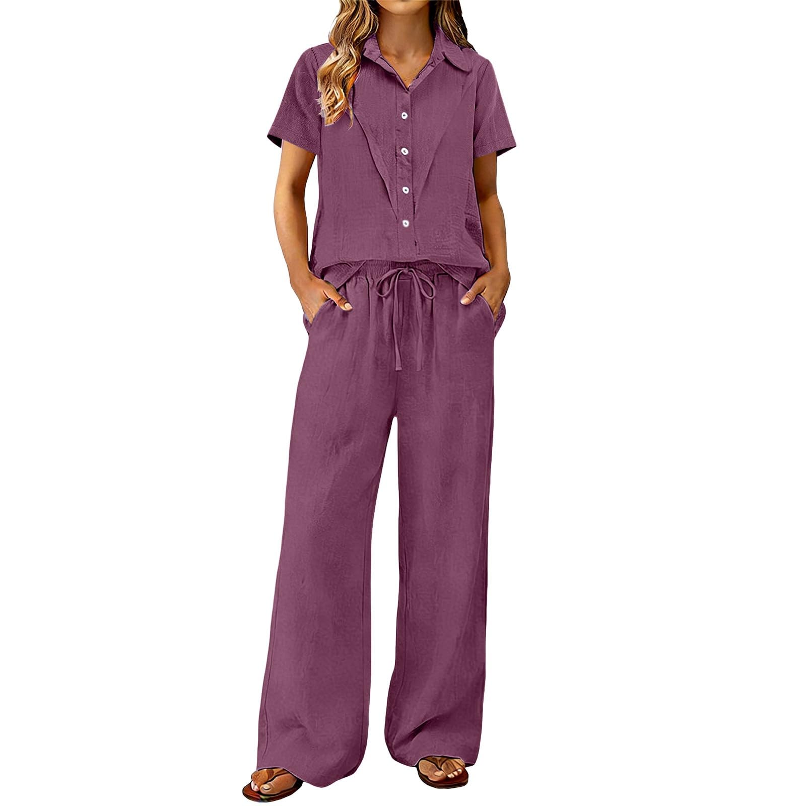 Zweiteiler Damen Sommer Leine Top und Hose 2 Teiler Hosenanzüge Baumwolle Leinen Jogginganzug Outfit Anzug Luftig Freizeitanzug,Zweiteiler Musselin Damen,Business Casual