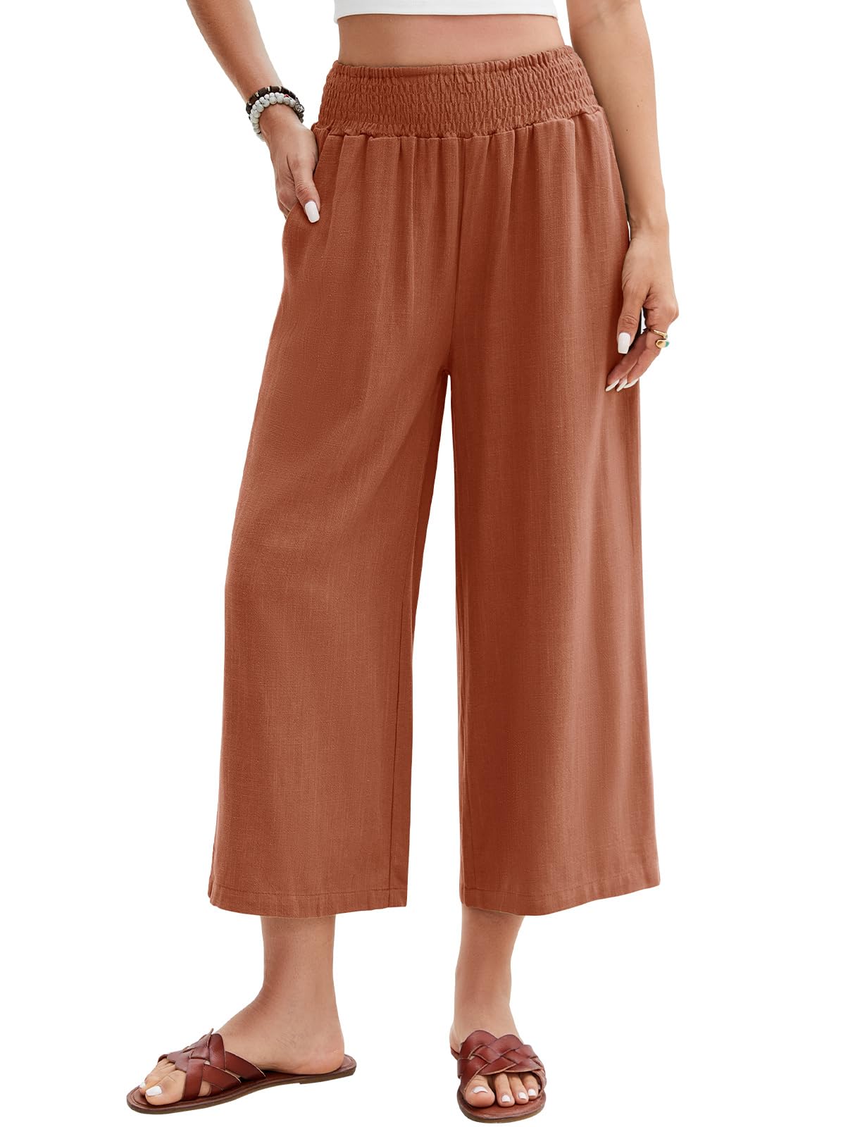 UMIPUBO Pantalon Lin Femme Été Coton Chanvre 3/4 Large Pantalons Fluide Elegant Chic Taille Haute Élastique Pantacourt Léger Respirant Jogging Pants de Plage avec Poches