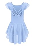 Girls Shiny Ruffle Sleeve Ballet Leotard with Skirt Criss-Cross Back Dance Dresses