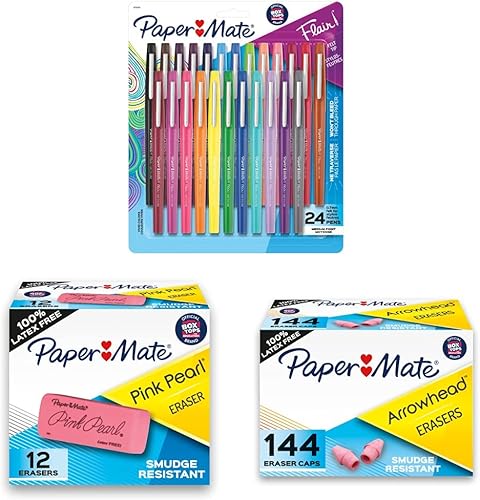 Paper Mate Rotuladores Flair de punta de fieltro, punta media, surtidos, 24 unidades y borradores de borradores de color rosa perla grande, 12