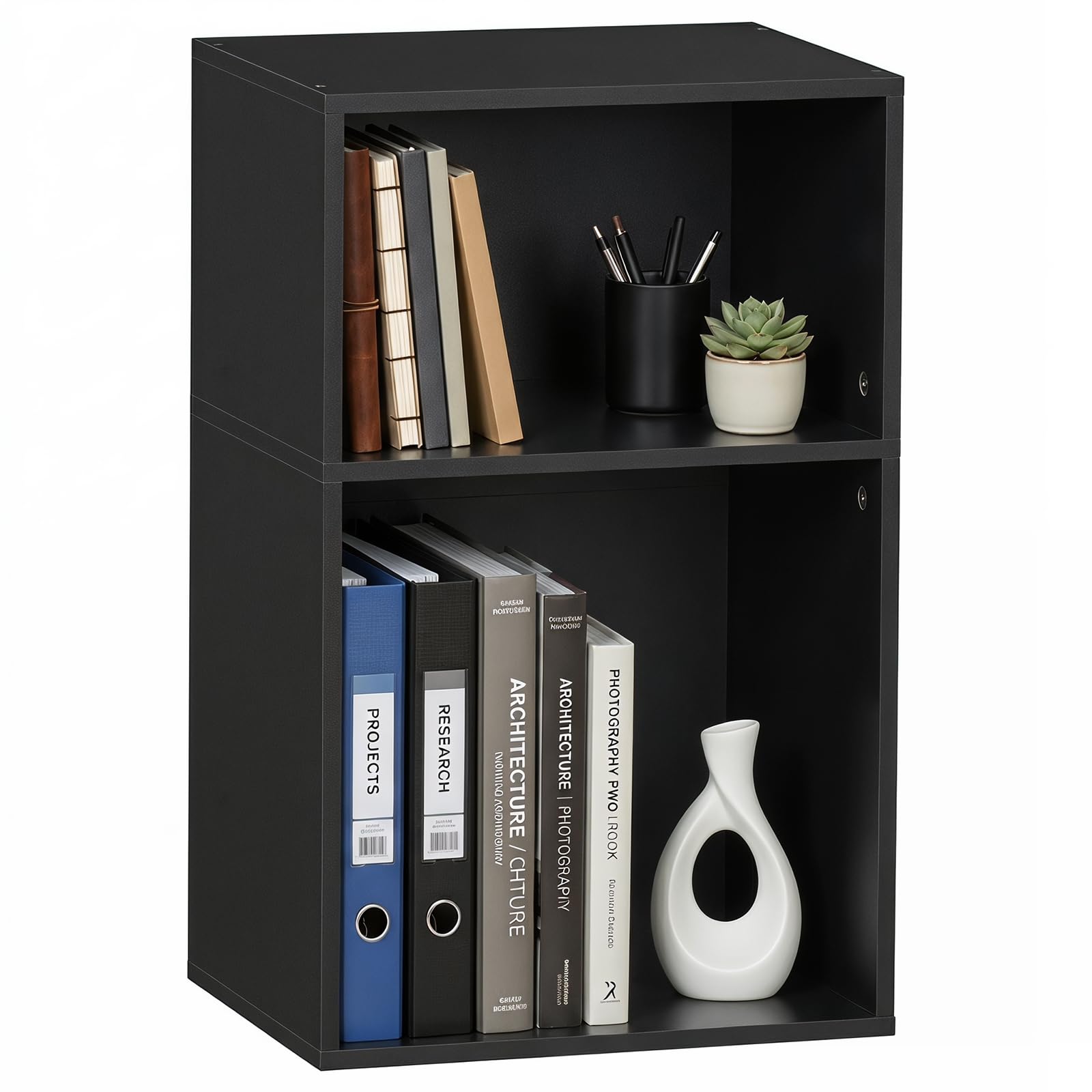 YAHARBO 2 Cube Bookshelf, Black Record Player Stand with Vinyl Storage Up to 100 Albums, Horizontal Book Shelf, Small Cubby Bookcase with Storage Organizer, Turntable Stand for Living Room, Bedroom