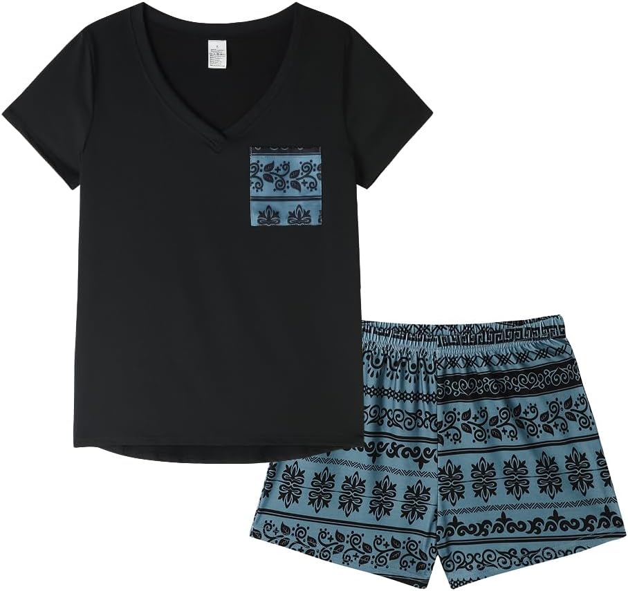 YIJIU Women Short Sleeve Tee and Shorts Pajama Set Cute Alpaca Print Sleepwear Medium Black Blue