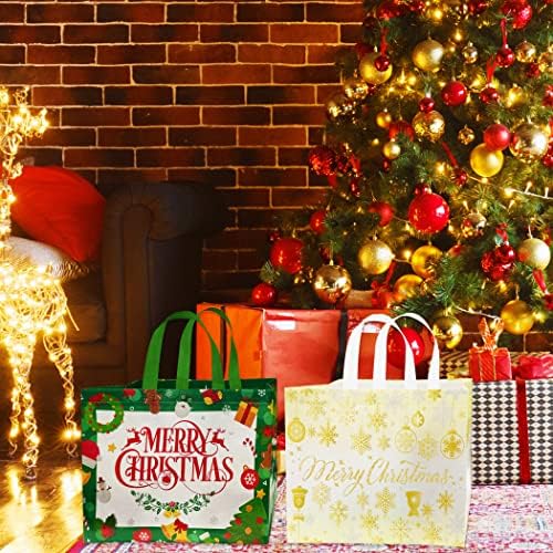 RMMD Christmas Tote Bags with Handles 4 Pack Large Christmas Gift Bags for Presents Reusable Christmas Grocery Shopping Bags Non-Woven Christmas Present Bags Xmas Gift Tote Bags large For Presents