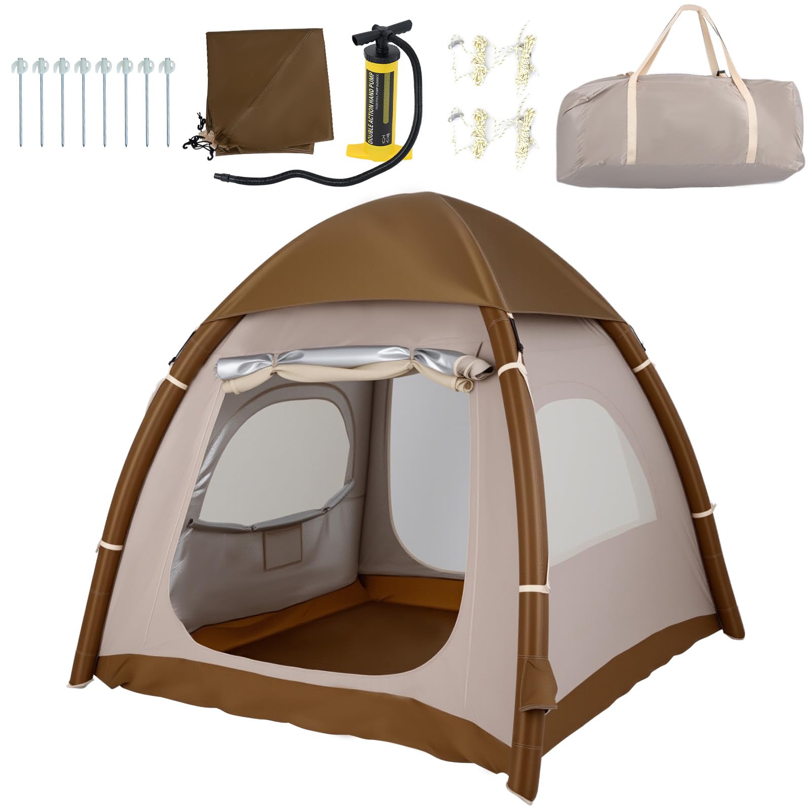 HOMASIS Tenda Gonfiabile da Campeggio 2-4 Posti, 208 x 208 x 196 cm | Tenda Esterna con Pompa Manuale, Copertura Rimovibile, Lucernari e Finestre Traspiranti, Tendone Impermeabile con Borsa