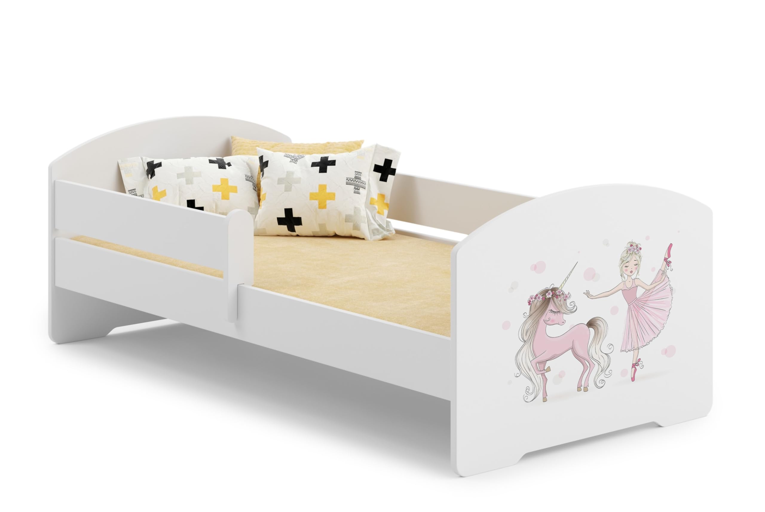 KOBI Cama infantil LUK Blanco | 140 x 70 cm | Cama infantil Camas infantiles | con colchón y marco | Habitación Bebe | Cama individual con barandilla