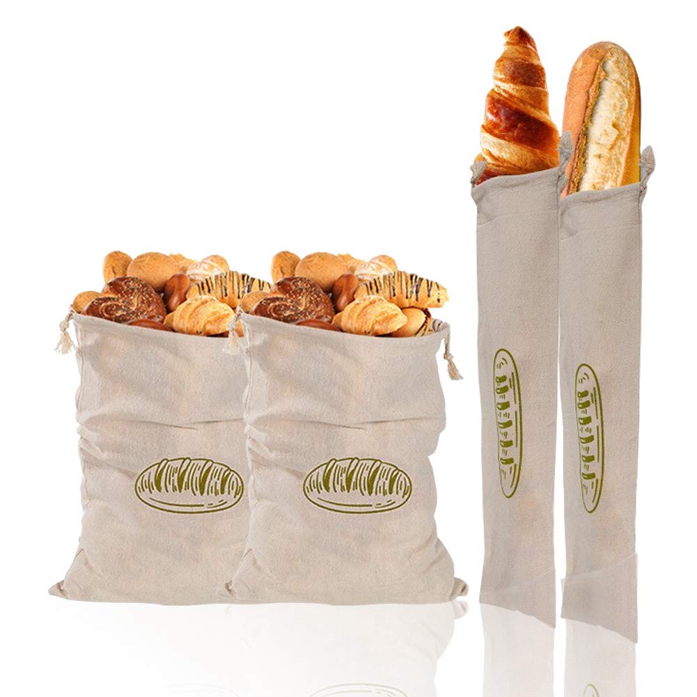 CANDeal - Paquete de 4 Bolsas de Pan de Lino, 2 tamaños, Bolsas de Pan Reutilizables ecológicas para Mantener el Pan Fresco, Bolsas de Almacenamiento de Alimentos sin blanquear de Lino Natural