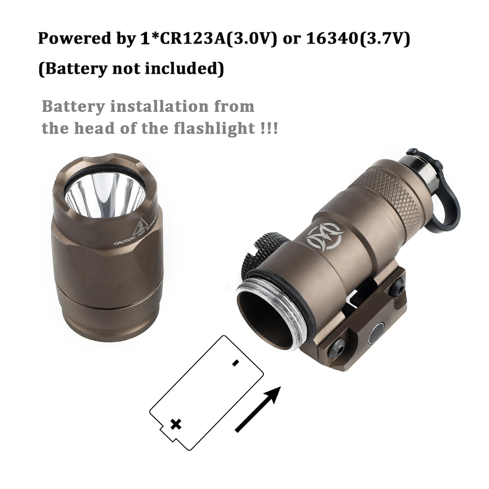 M300A Lampe de poche LED Torche tactique 600 Lumens,Lumière Scout légère pour mlok Keymod 20mm Picatinny Rail System (Marron)