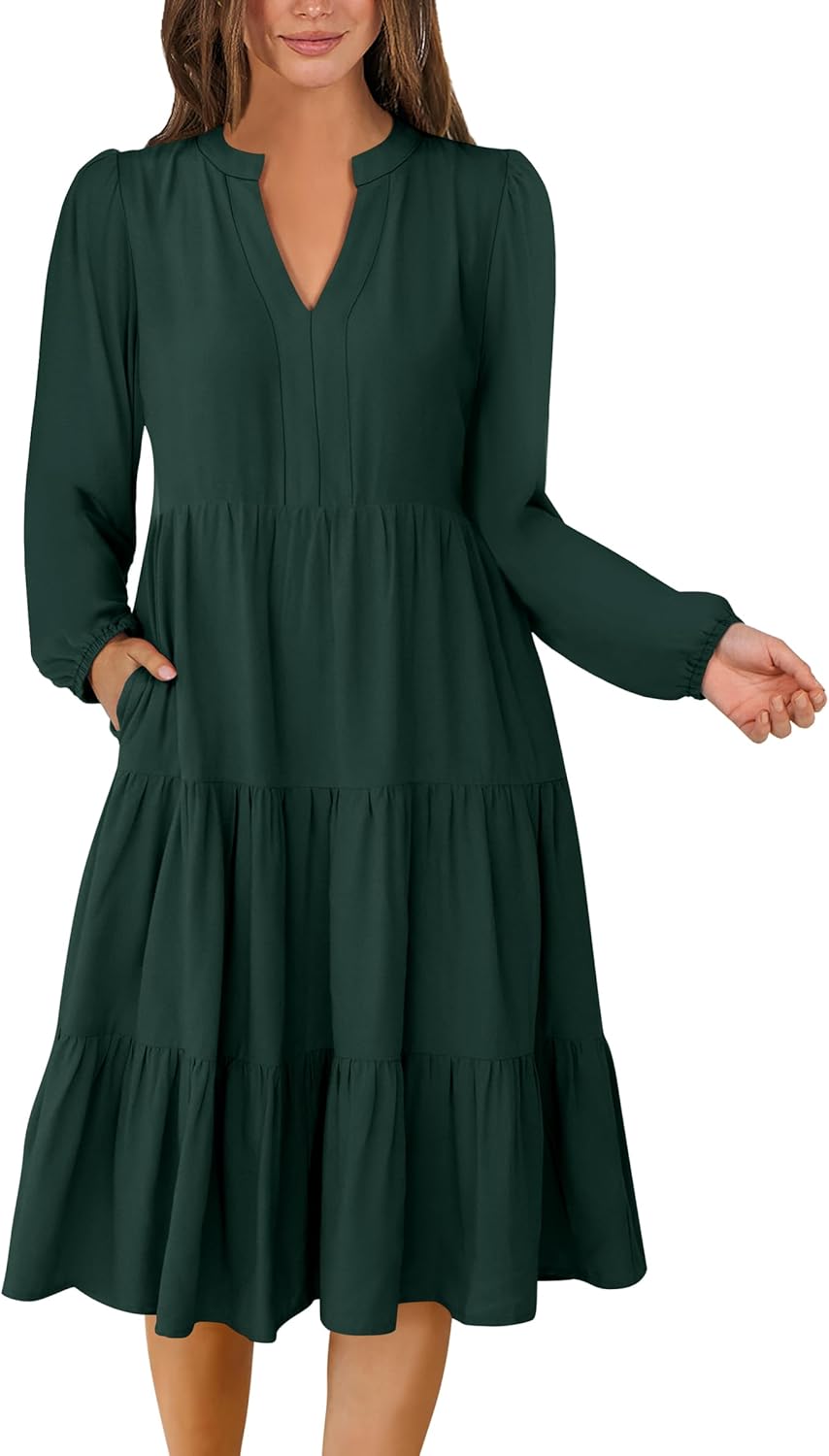 ANRABESS Long Sleeve Midi Dresses for Women V Neck 2025 Fall Fashion Casual Loose Fit Flowy Swing Tiered Vacation Boho Dress