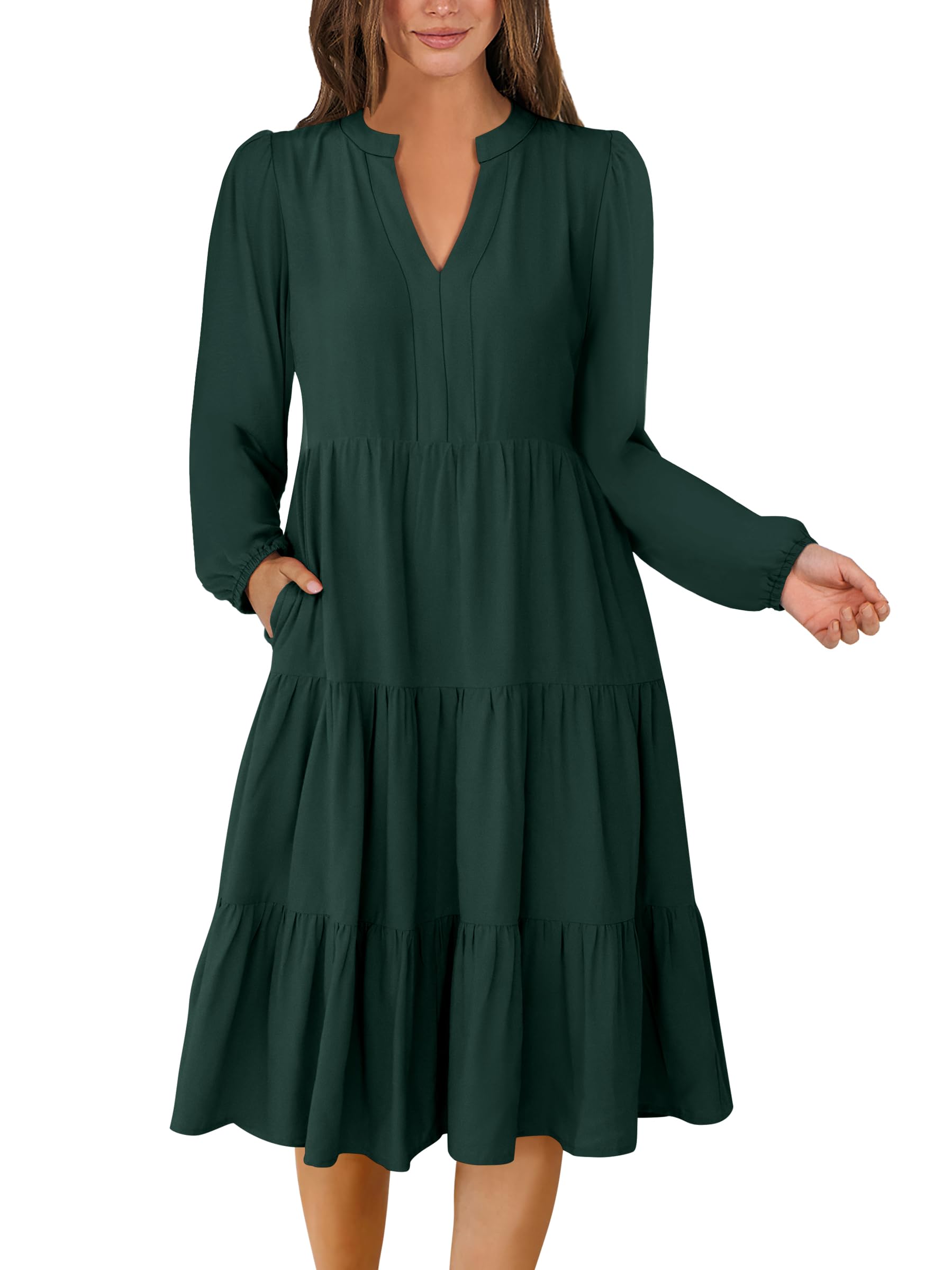 ANRABESS Long Sleeve Midi Dresses for Women V Neck 2025 Fall Fashion Casual Loose Fit Flowy Swing Tiered