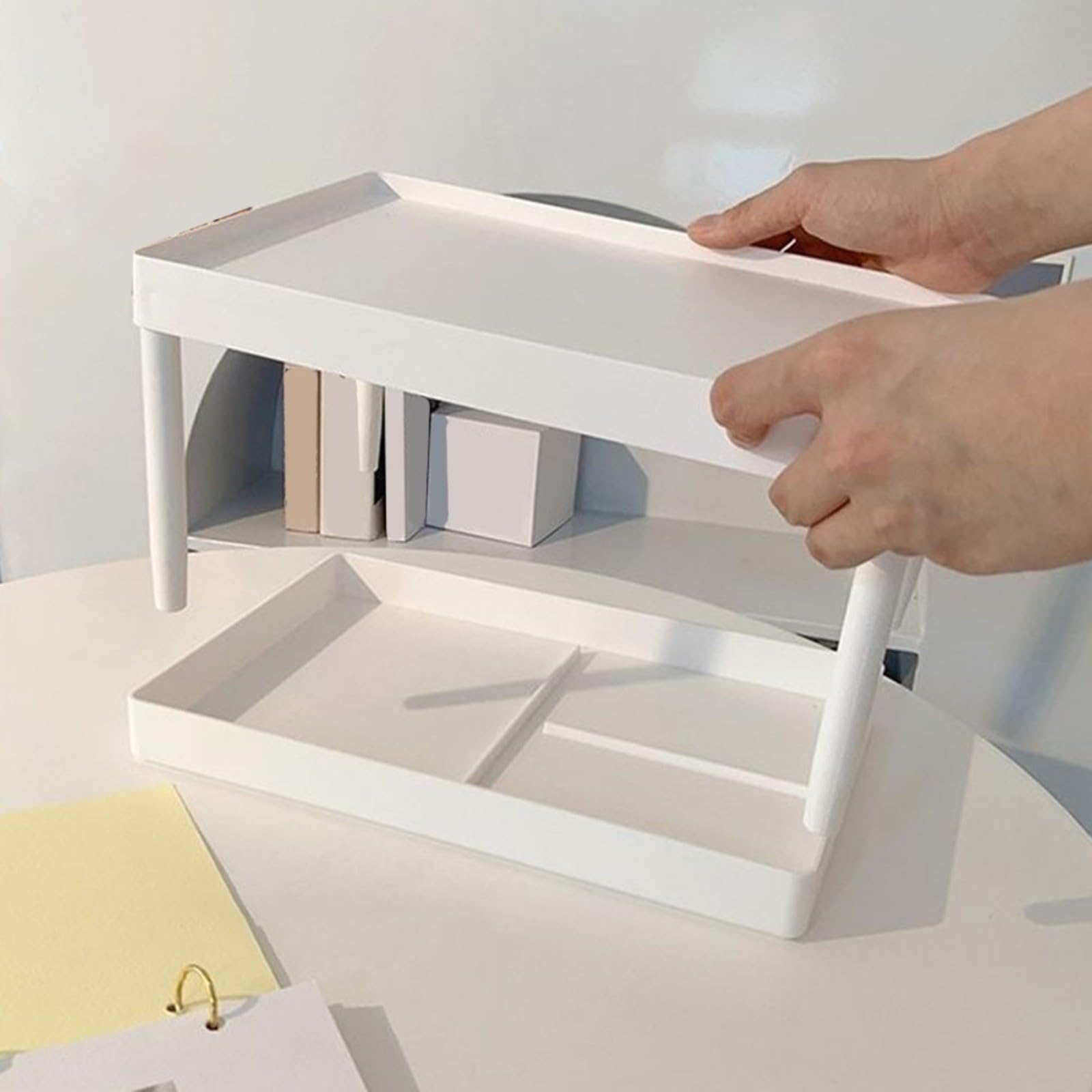 Doppelschichtiges Schreibtisch-Aufbewahrungsregal, abnehmbares Kunststoff-Organizer-Regal für Kosmetik, Schreibwaren, Büro, Wohnheim, Schlafzimmer, weiß, 28 x 185 x 15 cm