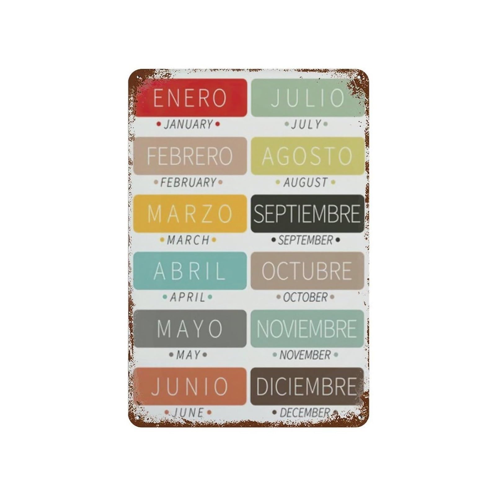 PIUHRKLEVD Spanish English Bilingual Months of the Year Vintage Educational Tin Sign Language Learning Chart Wall-Art Decor 8 X 12 in