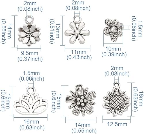 Miniatura 3 de Pandahall - 1 caja / 135 colgantes de flores de aleación estilo tibetano mezclados 6 estilos de dijes de flores de plata antigua para hacer joyas,