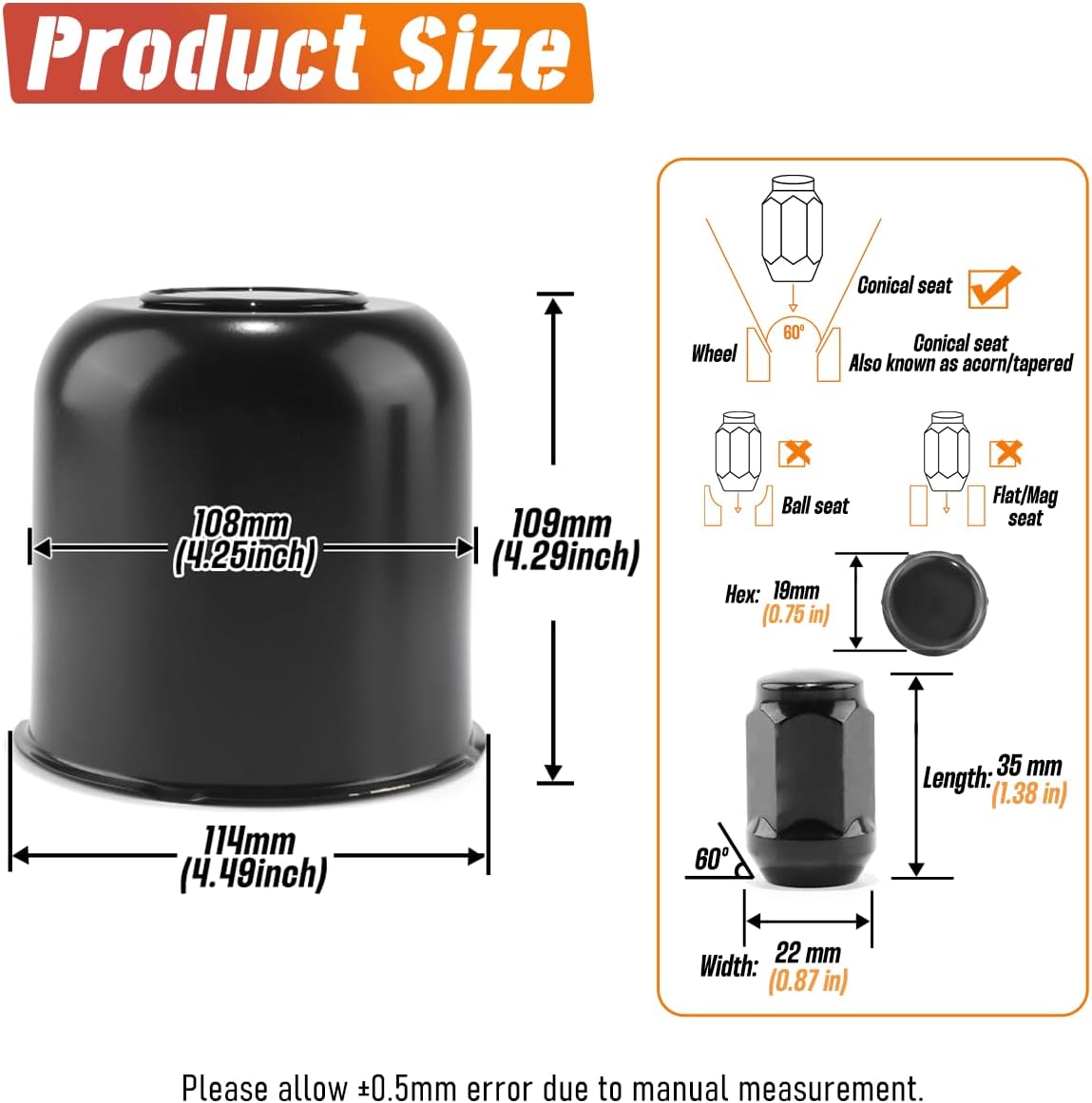 4Pcs 4.25in Wheel Center Caps Push Through with 24 Lug Nuts Sets - Stainless Steel Trailer Hub Cap and 1/2''-20 Lug Nuts for Truck SUV RV Wheel Rim, Matt Black